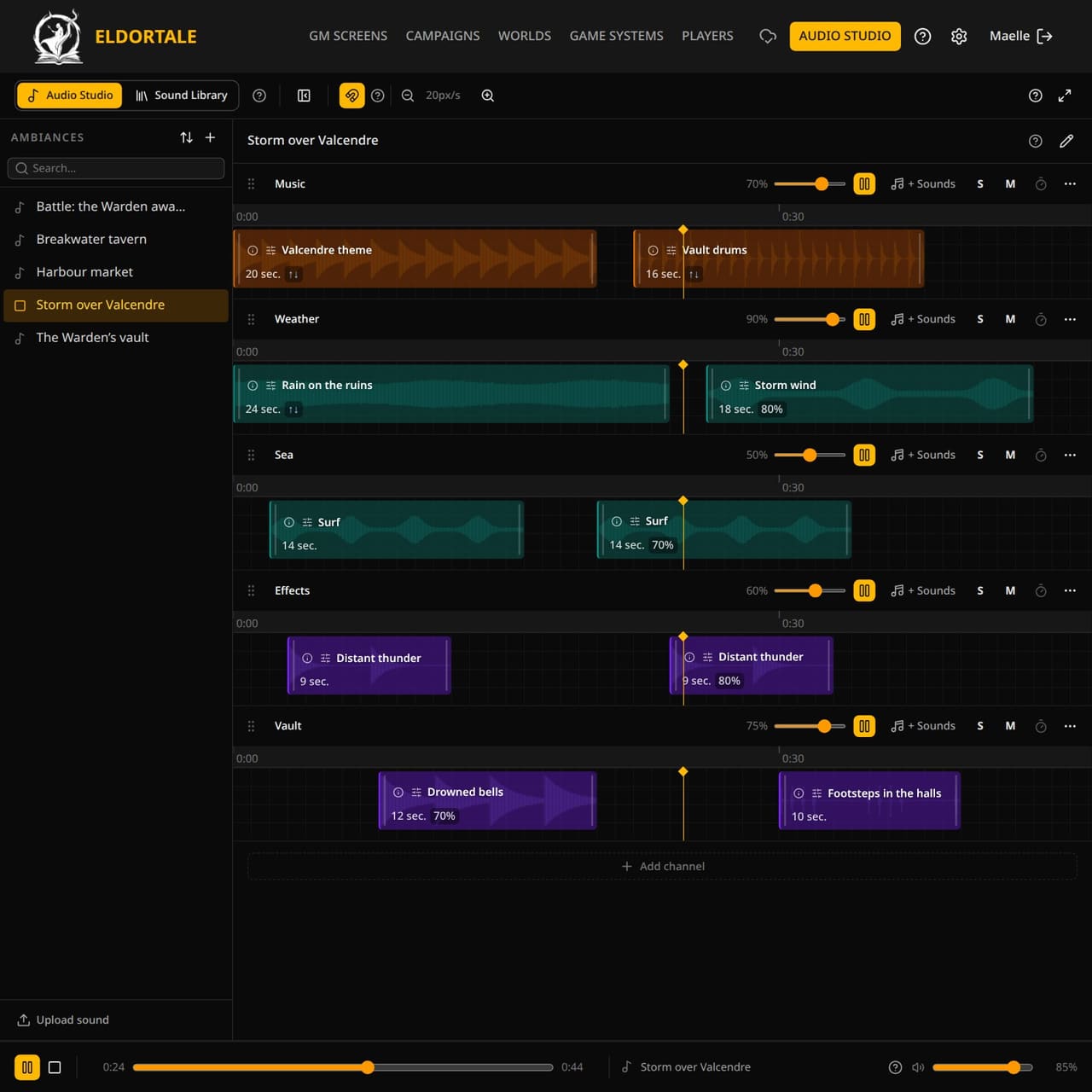 The Eldortale audio studio: a storm ambiance built on five channels, with music, rain, sea and sound effects.