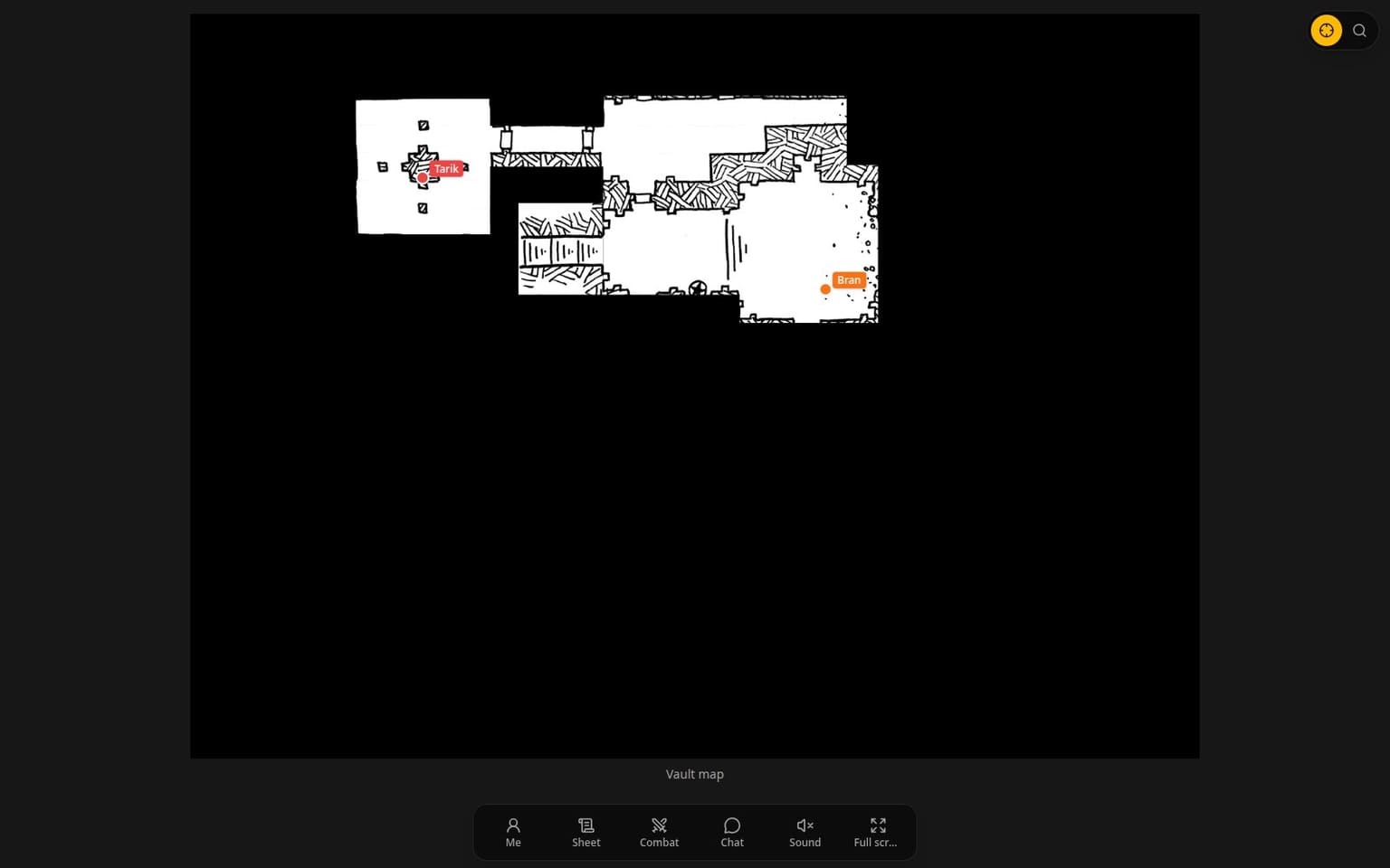 The same map on a player's screen: only the rooms the GM opened come out of the dark, with the other players' pointers.